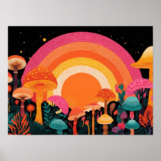Póster Psychedelic Mushroom Sunset – Retro Fantasy Nature (Frente)