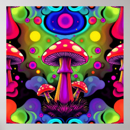 Póster Psychedelic Vibrant Colorful Retro Mushrooms