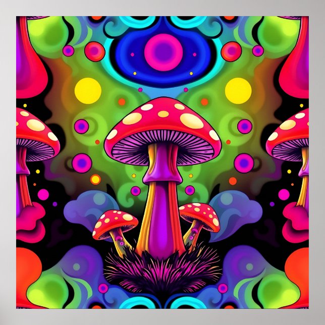 Póster Psychedelic Vibrant Colorful Retro Mushrooms (Frente)