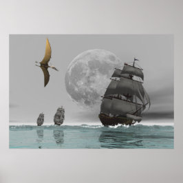 Póster Pteranodon los barcos y el Poster de la Luna