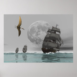 Póster Pteranodon los barcos y el Poster de la Luna