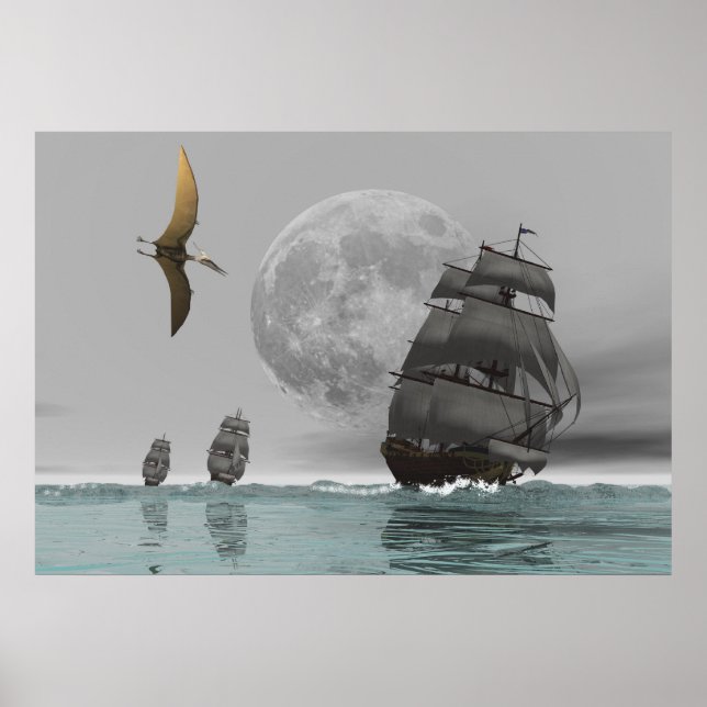 Póster Pteranodon los barcos y el Poster de la Luna (Frente)