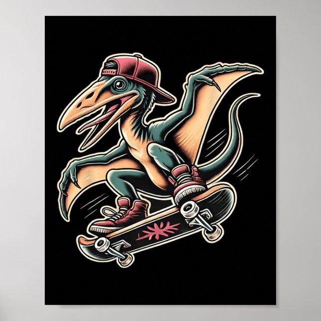 Póster Pterodáctilo de dibujos animados de patinaje radic (Frente)