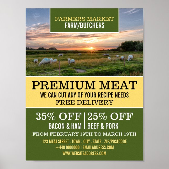 Póster Publicidad de ovejas en campo, granjeros y carnice (Frente)