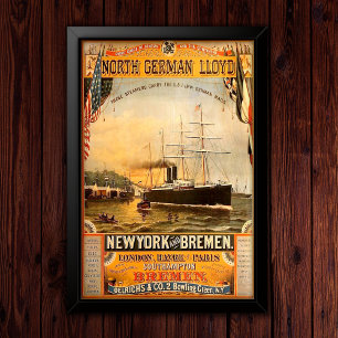 Póster Publicidad de Viajes en Barco de Vapor Antiguo