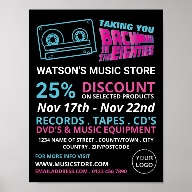 Póster Publicidad en la tienda de música y cinta retro de (Frente)