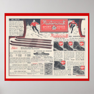 Póster Publicidad, Skiwear y equipo del esquí del vintage
