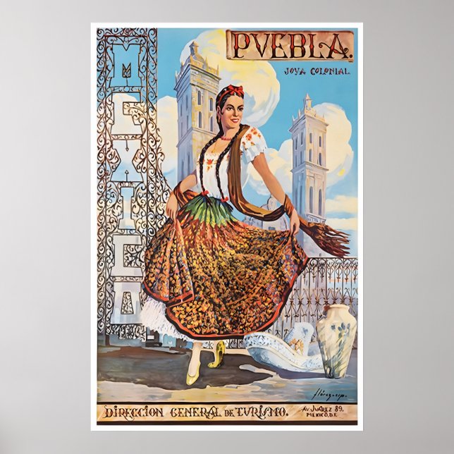 Póster Puebla Art Mexico Travel Poster Mexican Print (Frente)