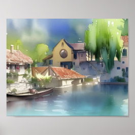 Póster Pueblo alemán junto al río en acuarela  