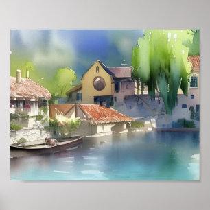 Póster Pueblo alemán junto al río en acuarela