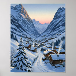Póster Pueblo Alpino Acogedor Amanecer Valle Nevado Monta