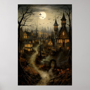 Póster Pueblo Antiguo Con Calabazas, Campo De Halloween