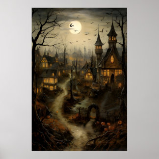 Póster Pueblo Antiguo Con Calabazas, Campo De Halloween