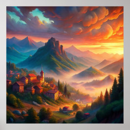Póster Pueblo atardecer en las montañas, paisaje bohemio