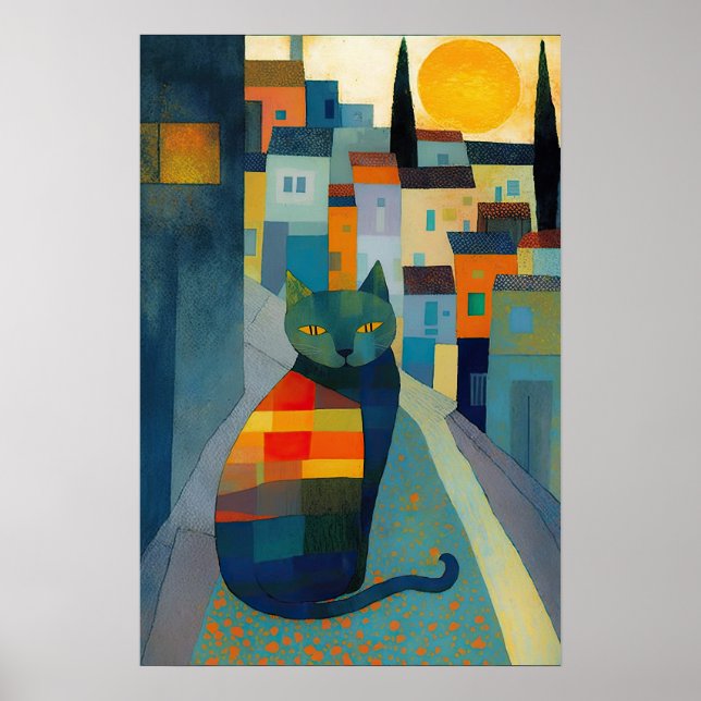 Póster Pueblo colorido con gato característico (Frente)
