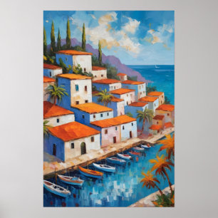 Póster Pueblo costero acuarela velero