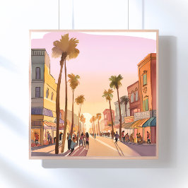 Póster Pueblo costero al atardecer | Acuarela costera de 