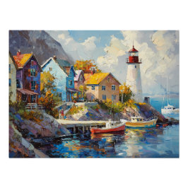 Póster Pueblo costero con casas coloridas y faro