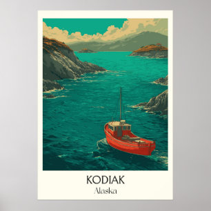 Póster Pueblo costero de Kodiak Alaska Barco Rojo