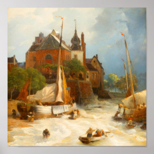 Póster Pueblo costero holandés vintage y barcos de vela