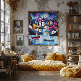 Póster Pueblo Costero Nocturno: Paisaje Folk y Naive.