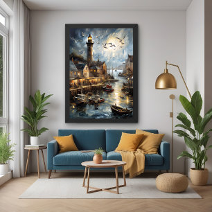 Póster Pueblo costero sereno en el puerto náutico de Dusk