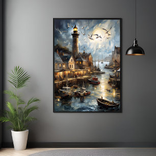 Póster Pueblo costero sereno en el puerto náutico de Dusk