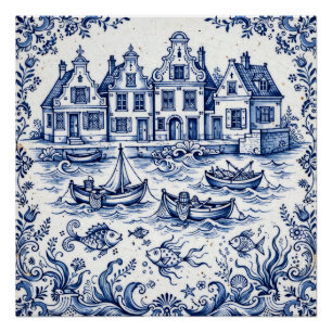 Póster Pueblo de Delft y puerto de pesca Azul cobalto Bla