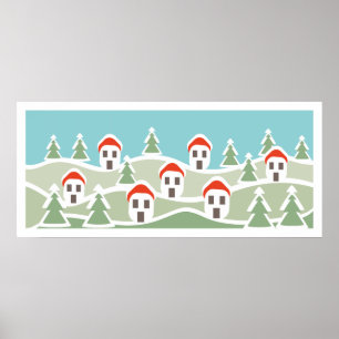 Póster Pueblo de invierno, casas de techo rojo cartel per