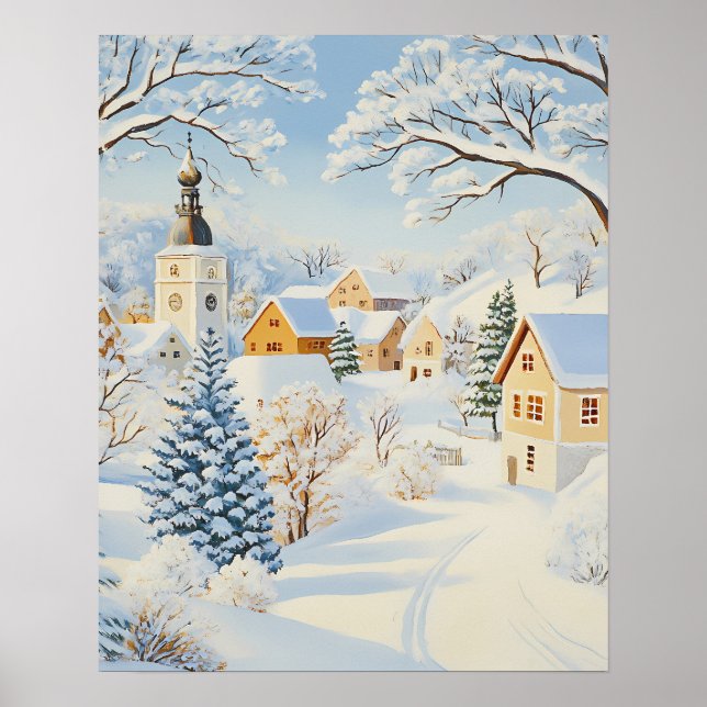 Póster Pueblo de invierno clásico con iglesia y árboles n (Frente)