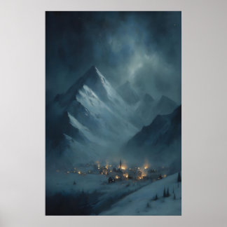 Póster Pueblo de montaña nevado congelado bajo el crepúsc