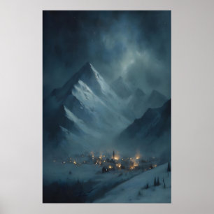 Póster Pueblo de montaña nevado congelado bajo el crepúsc