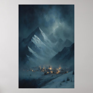Póster Pueblo de montaña nevado congelado bajo el crepúsc