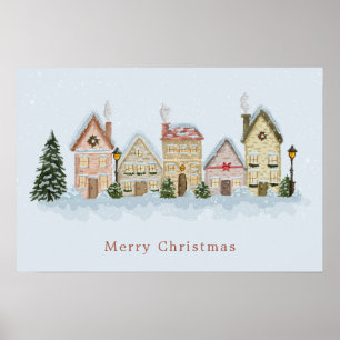 Póster Pueblo de Navidad en Acuarela Feliz Navidad Azul