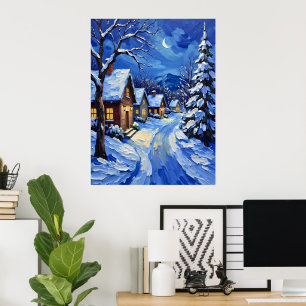 Póster Pueblo de nieve de noche