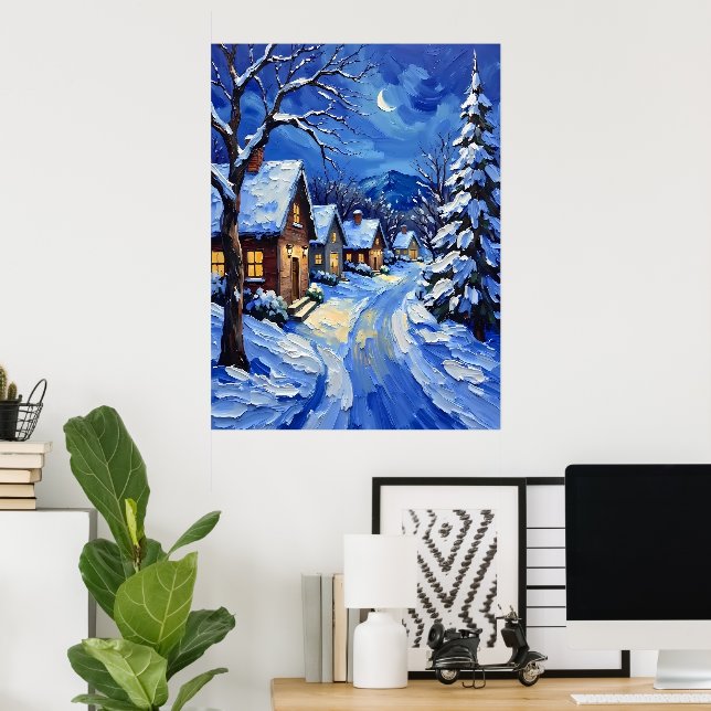 Póster Pueblo de nieve de noche (Oficina en casa)