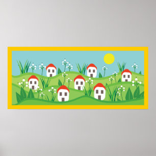 Póster Pueblo de primavera, techo rojo alberga al Poster