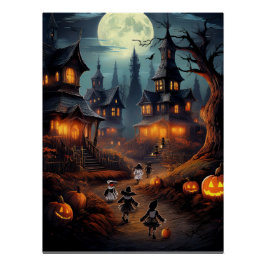 Póster Pueblo embrujado de Halloween con niños pidiendo d