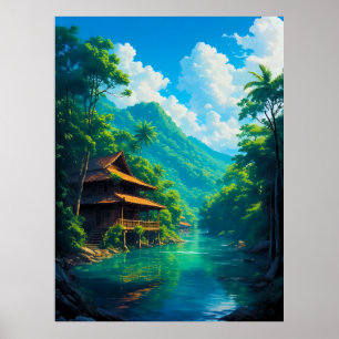 Póster Pueblo en el Abrazo de la Naturaleza