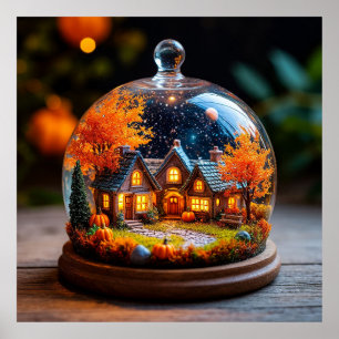 Póster Pueblo en miniatura de otoño en cúpula de vidrio c