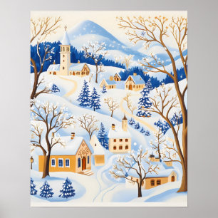 Póster Pueblo invernal con árboles escarpados y colinas n