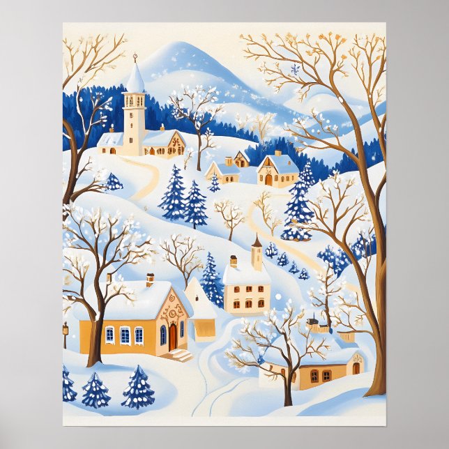 Póster Pueblo invernal con árboles escarpados y colinas n (Frente)