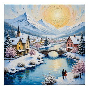Póster Pueblo invernal nevado bajo el sol dorado