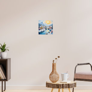 Póster Pueblo invernal nevado bajo el sol dorado