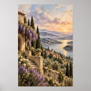 Póster Pueblo junto al lago al atardecer con glicinas y c