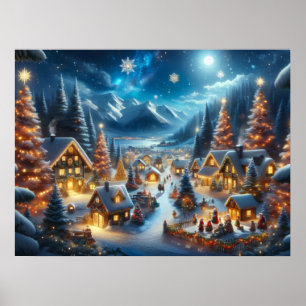 Póster Pueblo Mágico de Navidad Nevado bajo la Luz de la