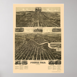 Póster Pueblo, mapa panorámico del CO - 1890