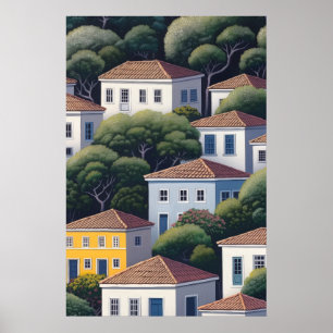 Póster Pueblo Mediterráneo en la Ladera Casas Coloridas A