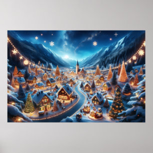 Póster Pueblo navideño acogedor nevado de noche