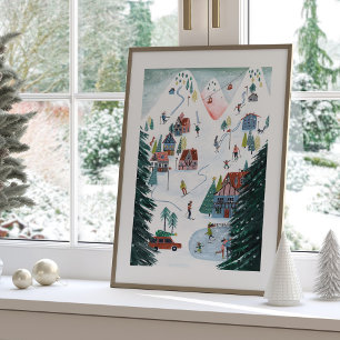Póster Pueblo navideño de patinaje nórdico lindo 
